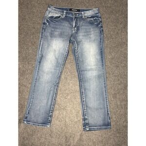 True Luck Mens Straight Leg Jeans Medium Wash Embroidered Flap Pockets 32x30